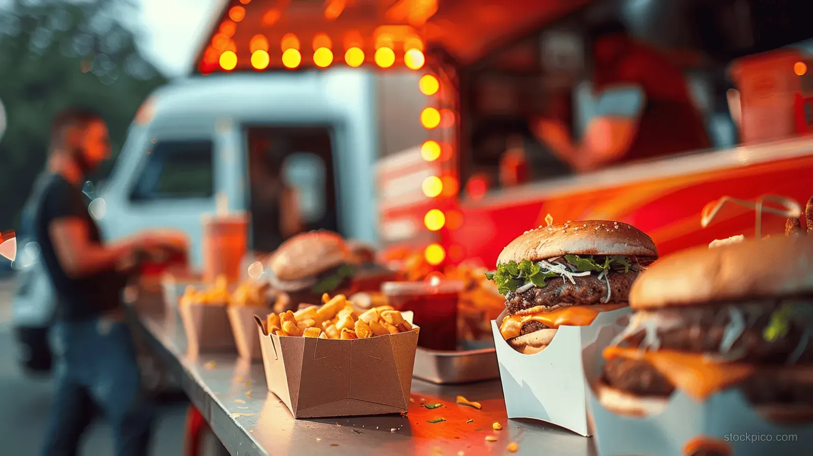 A street food truck counter displays burgers and fries in paper boxes with glowing lights and blurred customers behind.