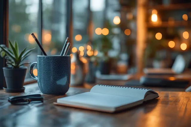 Open notebook on office desk with pen, coffee mug, and blurred bokeh lights