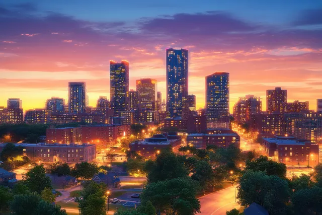 Omaha downtown skyline at sunset with glowing skyscrapers and golden-hour sky