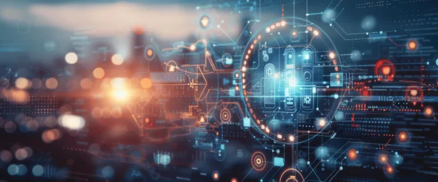 Futuristic smart city digital twin interface with glowing data nodes over nighttime skyline