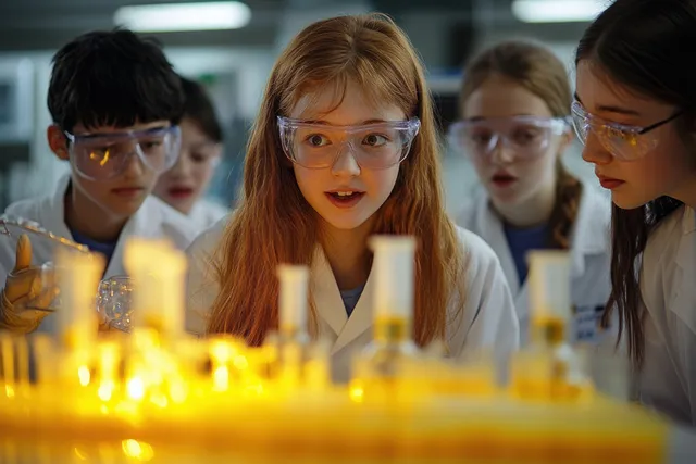 Young students in lab coats and goggles observe yellow bubbling chemicals at a laboratory bench.