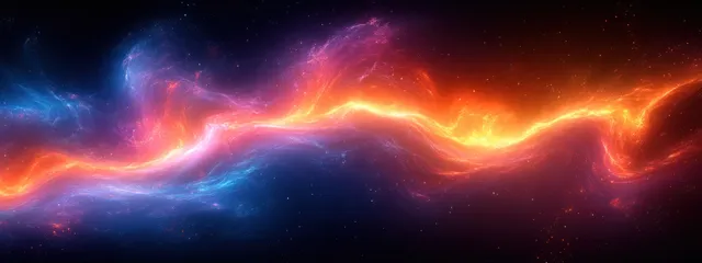 A glowing purple and orange cosmic energy swirl stretches like lightning across a dark space background.