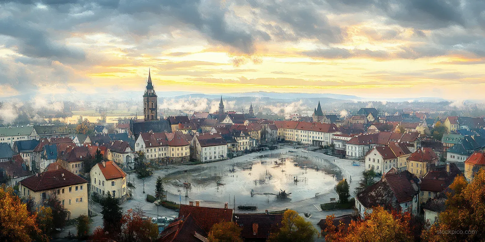 Panoramic autumn view of a historic town with a winding river, red rooftops, and church towers in golden light.