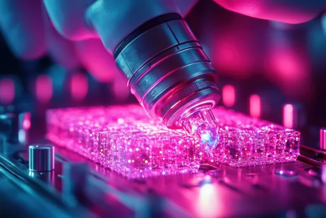 A futuristic pipette tip dispenses liquid onto a transparent microstructured plate under purple-blue laboratory lighting.