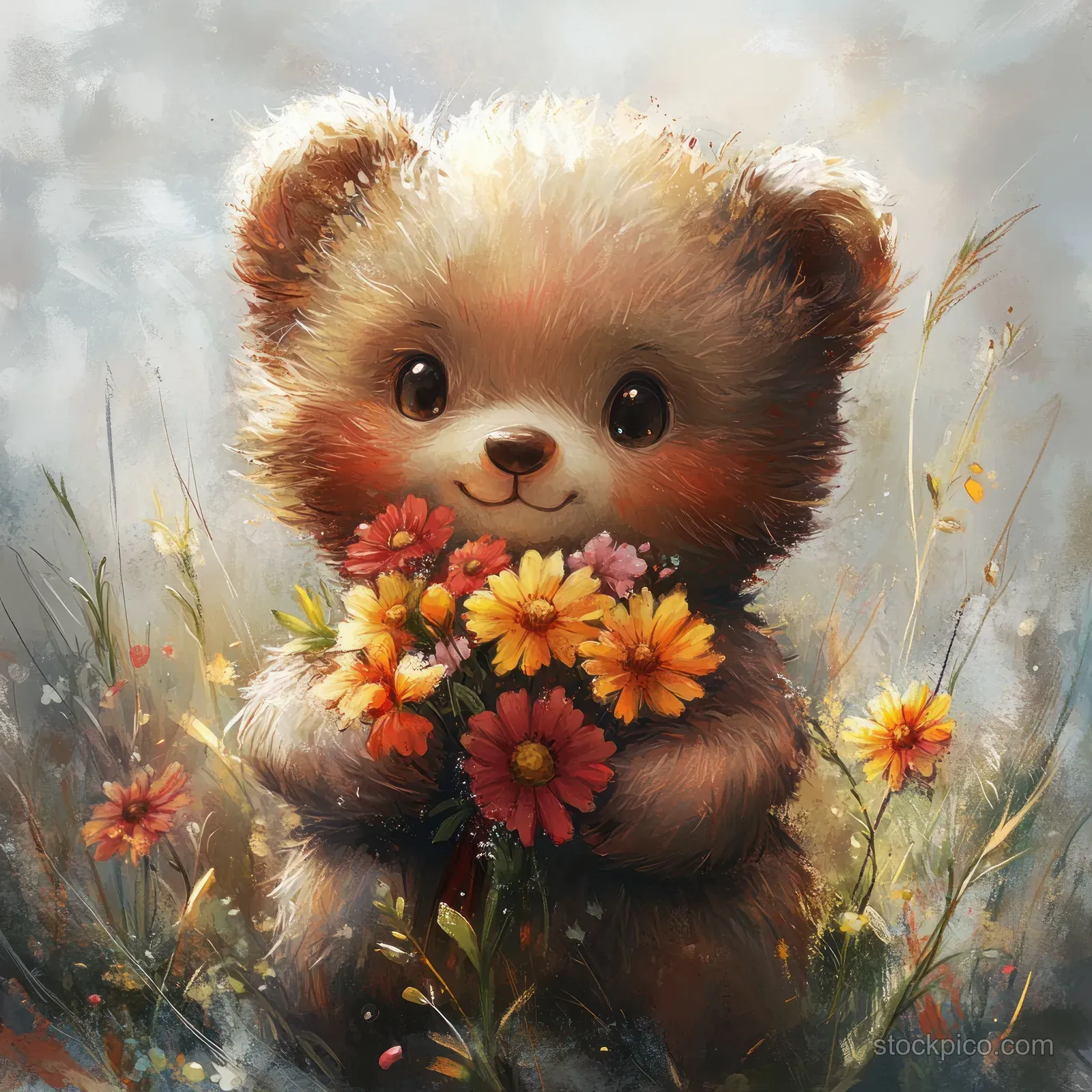 Fluffy teddy bear hugging a bouquet of pink and orange spring flowers in a soft watercolor meadow scene.
