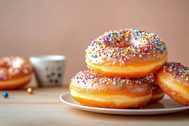 Three glazed donuts with rainbow sprinkles on a plate atop a wooden table