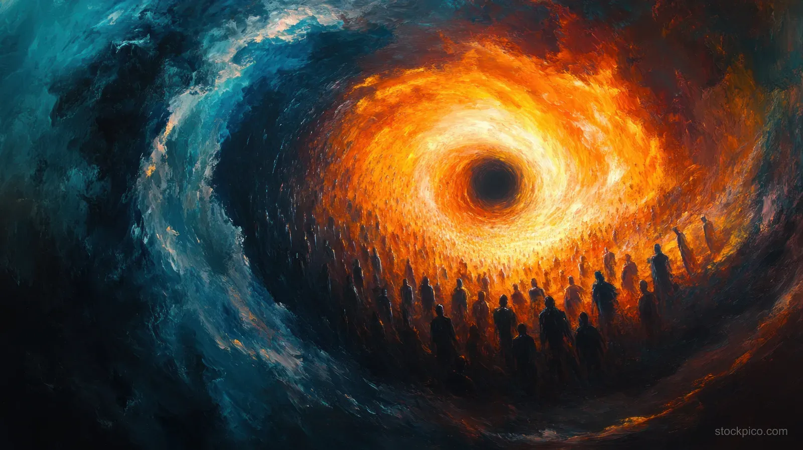 Silhouettes gather under candlelight before a glowing swirling inferno-like vortex in an all saints day memorial illustration.