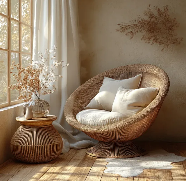A rattan chair and small side table near a sunlit window with linen cushions in warm earthy tones.