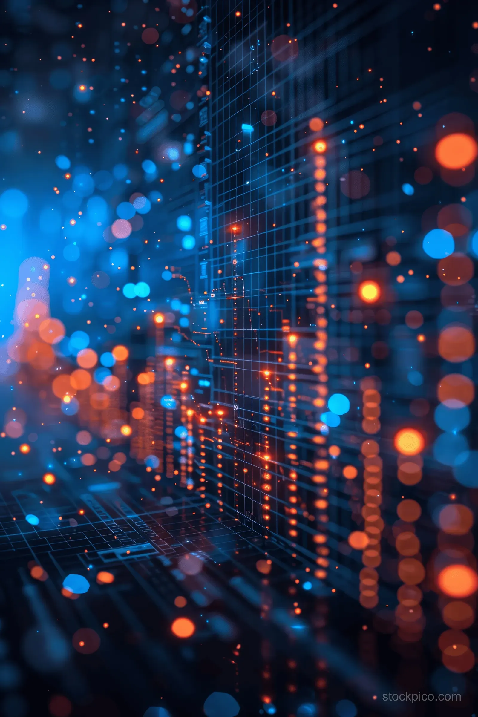 Glowing digital network grid with blue and orange data points connected across a dark computing background.