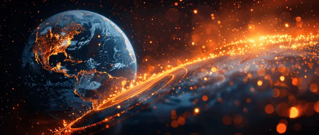 Glowing Earth in orbit with orange light trails and digital spark particles at night