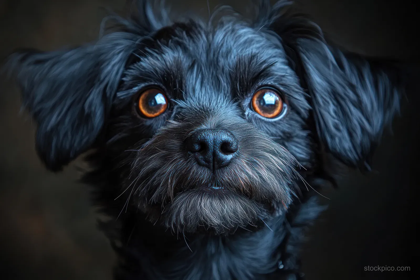 A poodle close-up with amber eyes and detailed gray fur against a dark studio background.