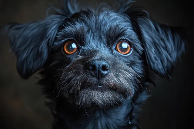 Close-up portrait of a black-gray poodle with expressive amber eyes against a dark studio background