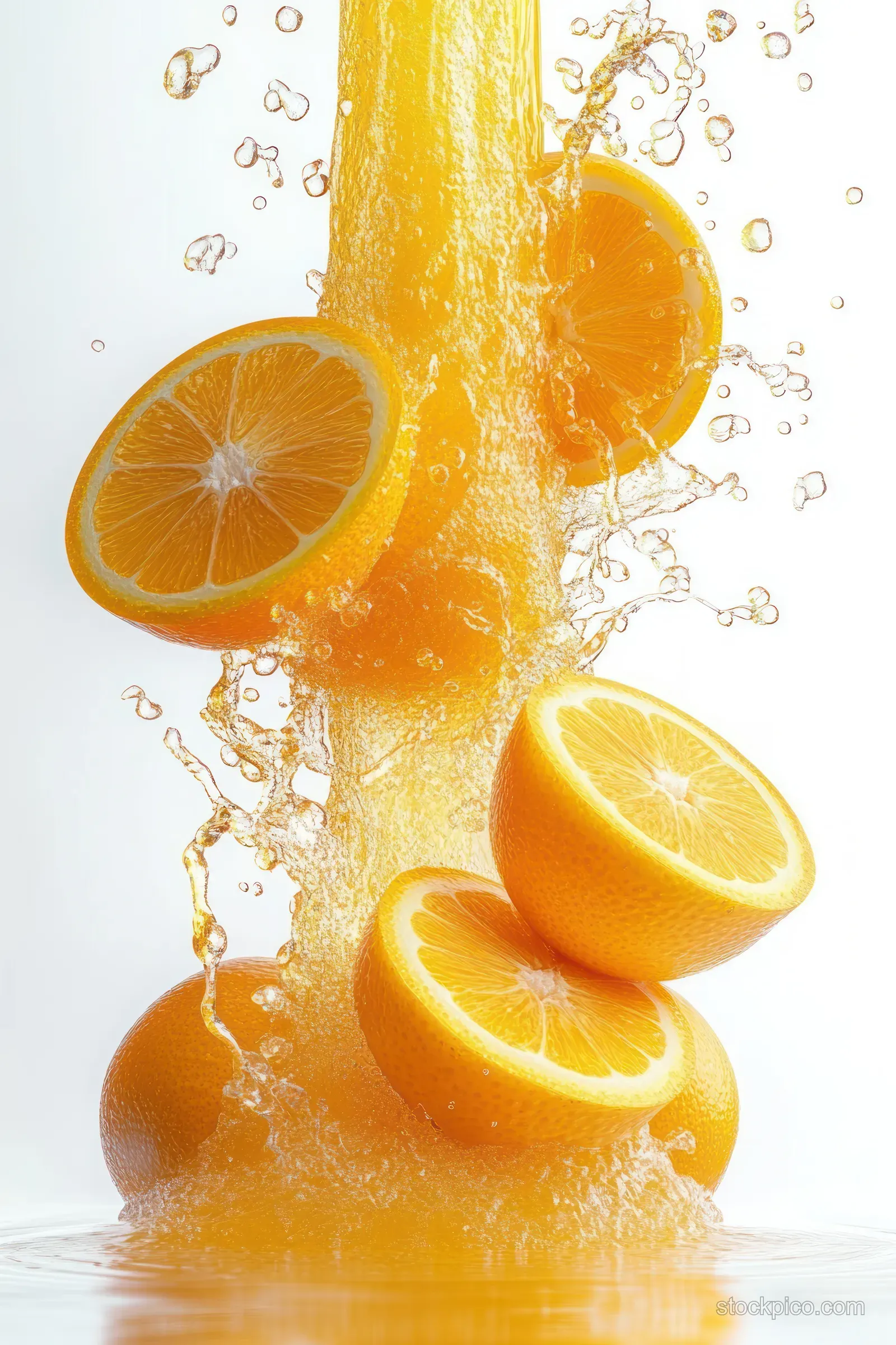 Orange juice splashes upward with floating orange slices on a white background.