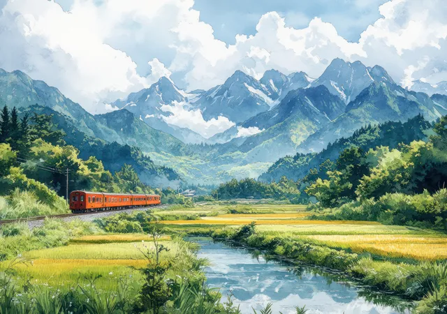 Red train glides through lush Japanese rice fields under blue summer mountains and clouds