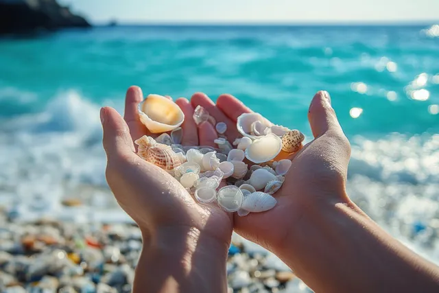 Hands holding mixed seashells on a sunny shoreline with turquoise ocean background