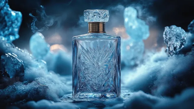 Icy blue perfume bottle lit from behind with floating ice crystals and light mist around it.