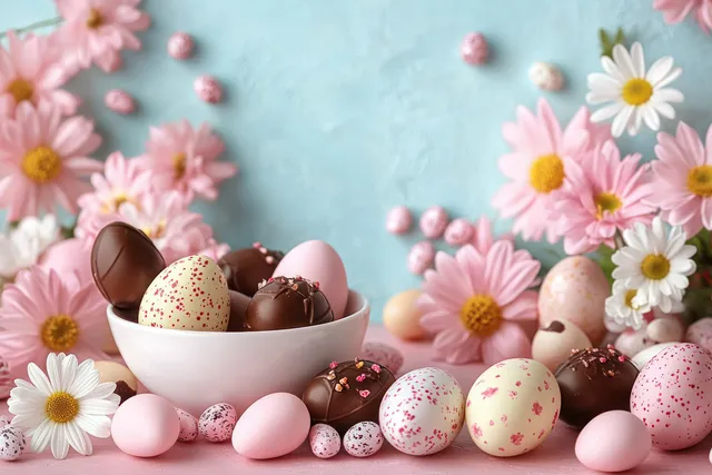 Pastel speckled and chocolate Easter eggs in a white bowl with pink and white daisies on a soft blue background.