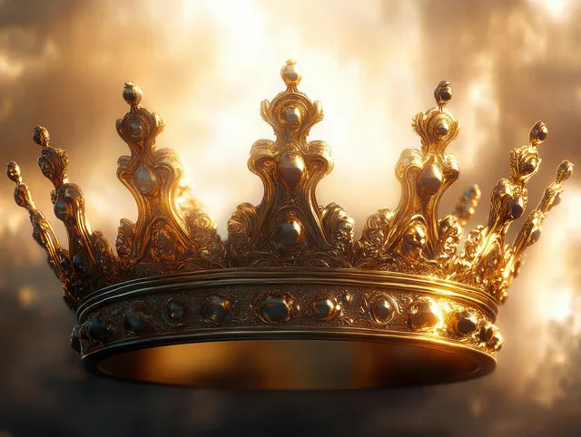 Ornate golden crown with carved points and jewel-like accents against a warm glowing background.