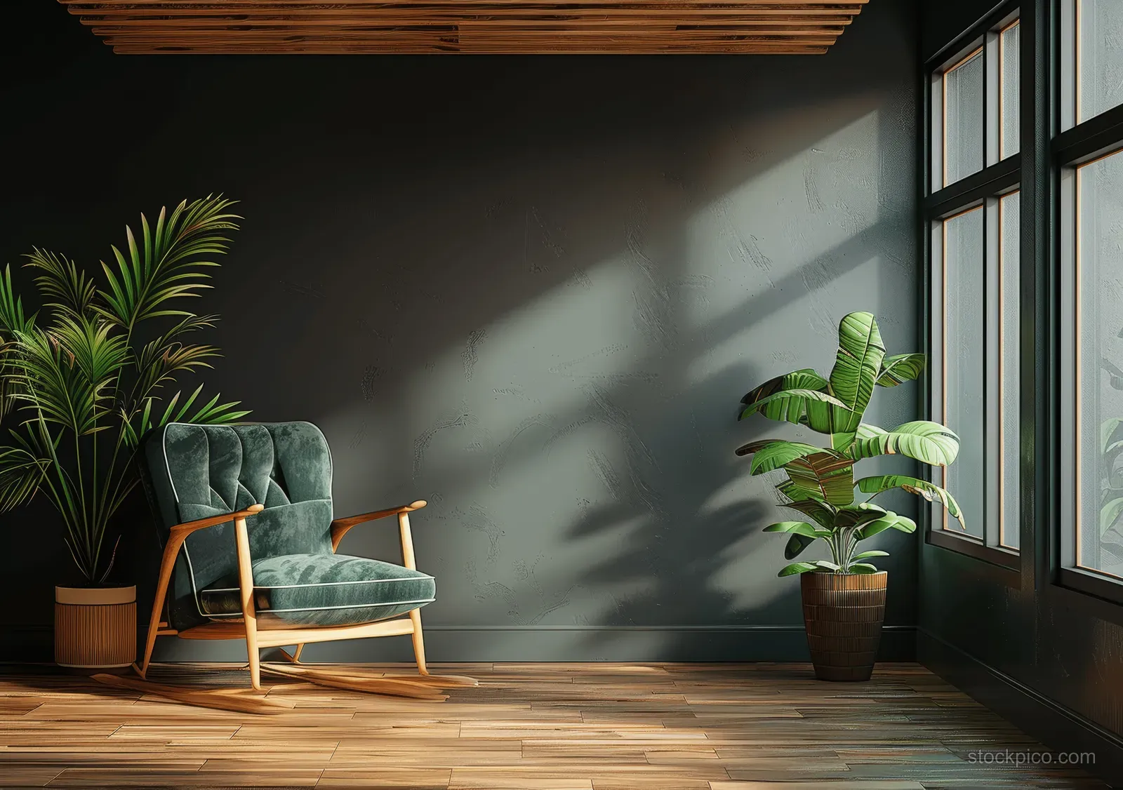 Sunlit Scandinavian living room with a green armchair, potted plants, black wall, and wooden floor near large windows.
