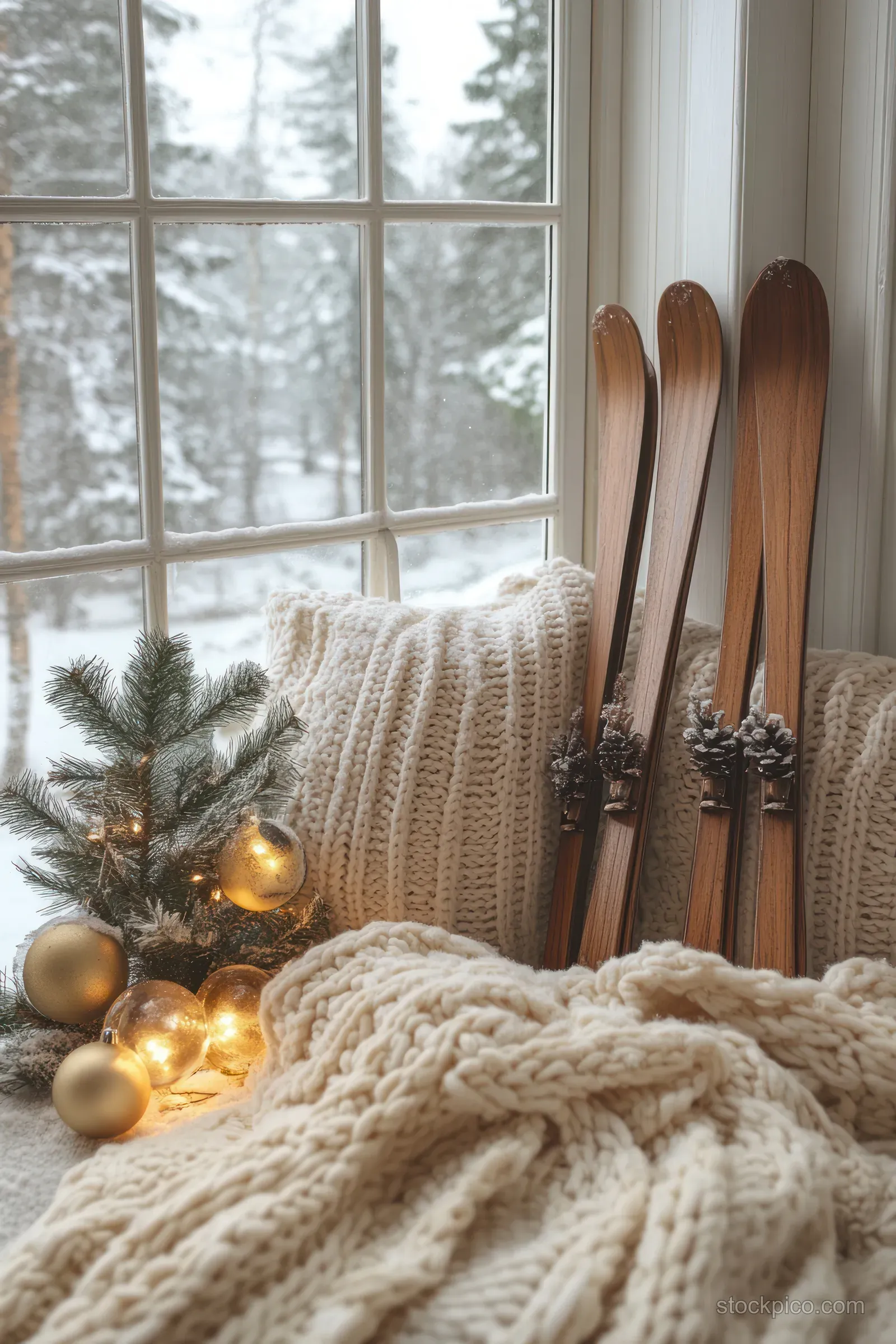 Vintage wooden skis rest by a snowy window with warm string lights and cozy blankets in a winter living room.