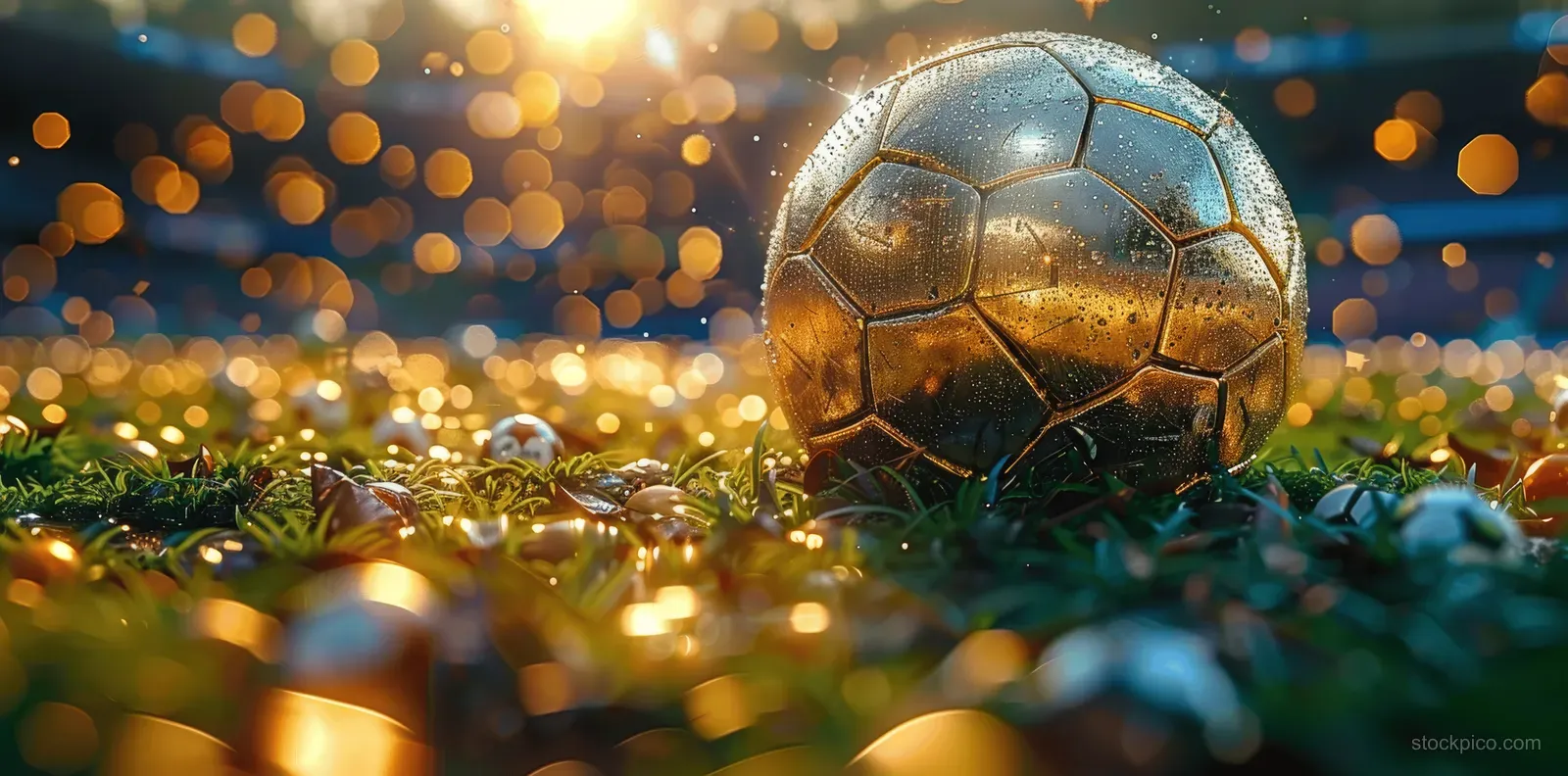 Gold soccer ball on grass with scattered confetti and blurred stadium lights behind it.