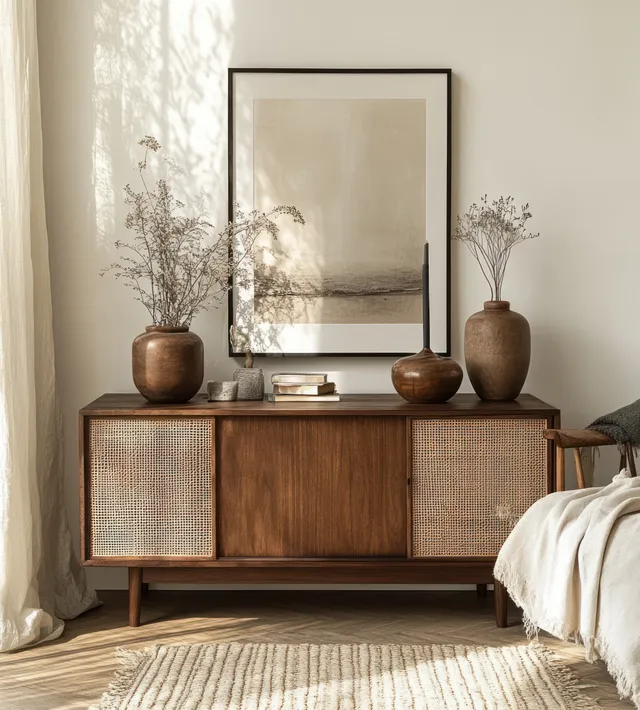 Scandinavian living room console with wooden cabinet, mirror, vases, and soft window light