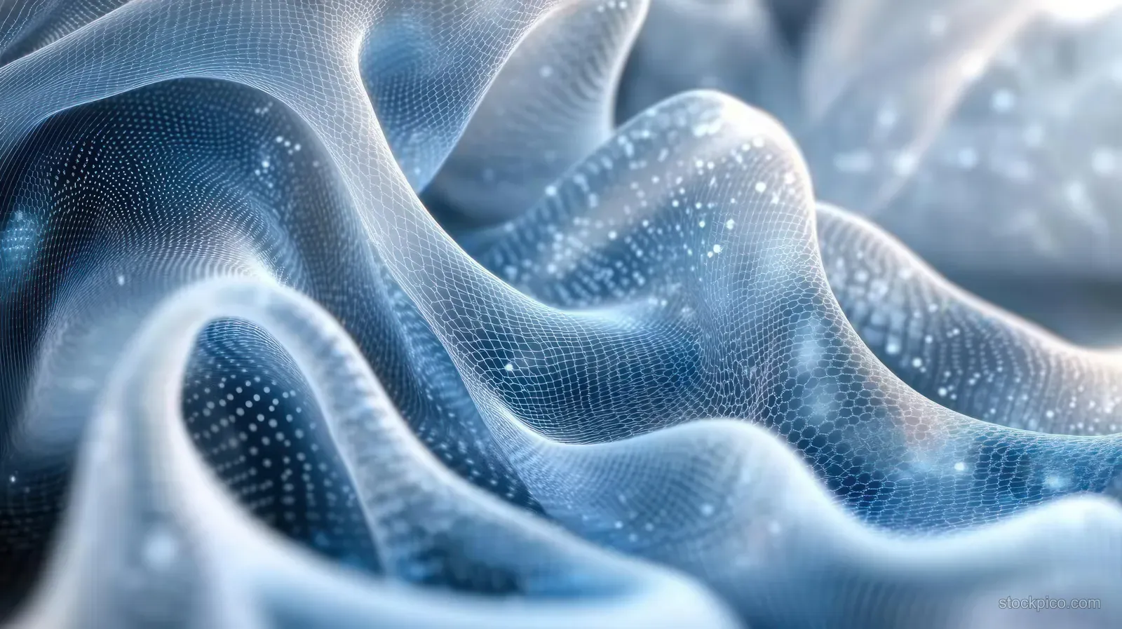 Blue mesh fabric waves across a soft blurred background with a fine dotted white grid pattern.