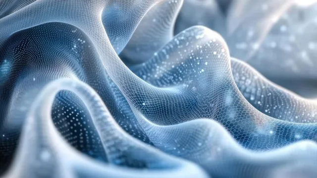 Blue mesh fabric waves across a soft blurred background with a fine dotted white grid pattern.