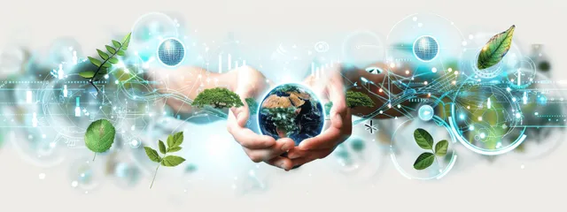 Visual concept illustrating decarbonization through renewable energy, green technology, and responsible finance for net zero goals.