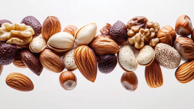 Assorted whole nuts including almonds, walnuts, pistachios, hazelnuts, and Brazil nuts scattered on a white background.
