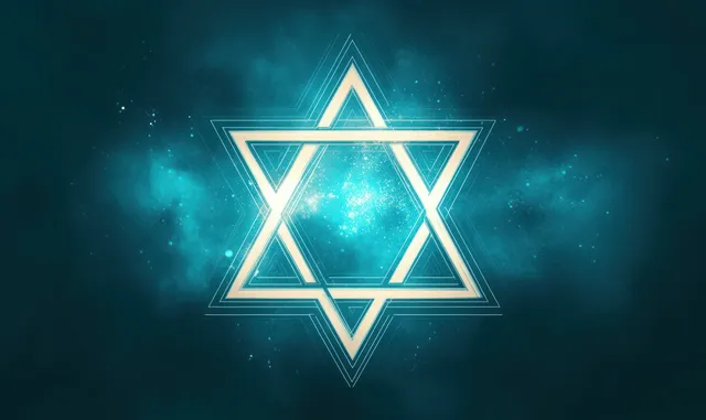 A glowing Star of David symbol shines over a dark blue starfield with surrounding nebula light effects.