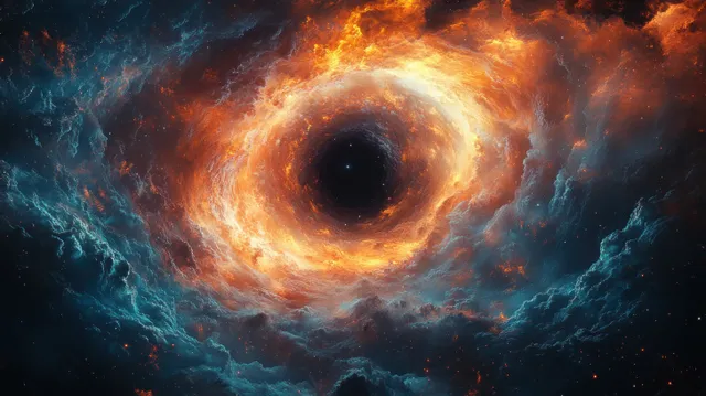 A central black hole with a glowing orange-red accretion ring surrounded by swirling luminous gas clouds in deep space.