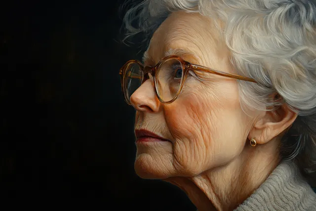 Senior woman wears digital hearing aid and glasses in side-profile portrait with soft shadows
