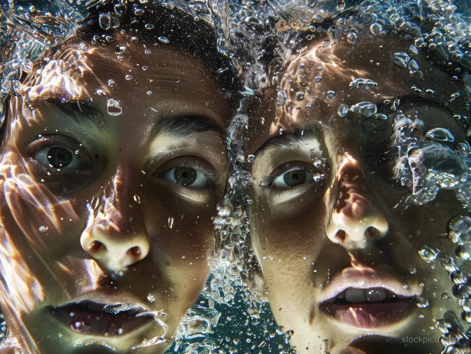 Italian mixed duet artistic swimmers perform synchronized underwater moves as bubbles swirl around them.