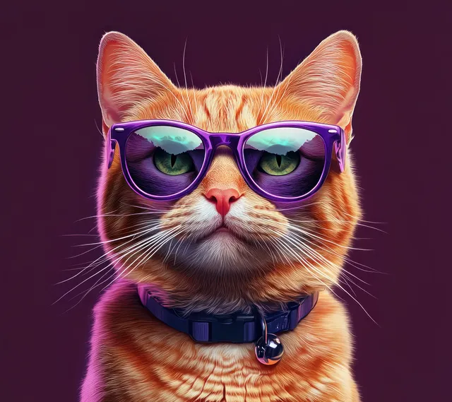 A ginger cat wears purple sunglasses and looks toward the camera against a purple gradient background.