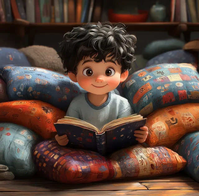 A young boy reads an open book while lounging on a couch surrounded by colorful patterned pillows.