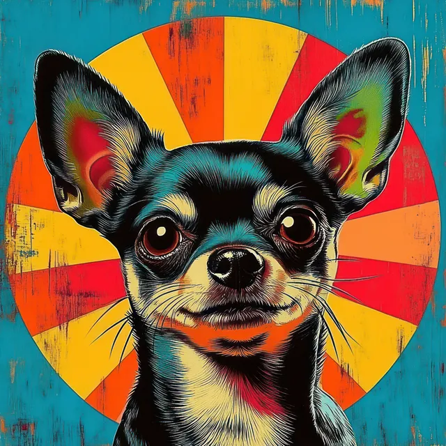 Colorful illustrated small dog with large ears looking up against a retro sunburst background.