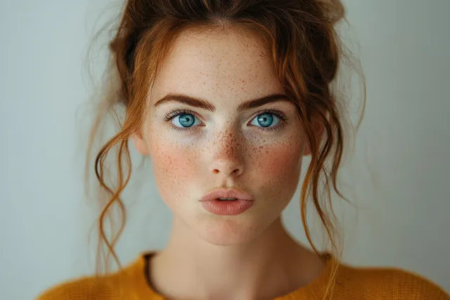 Close-up portrait of freckled redheaded woman with bright blue eyes in mustard top