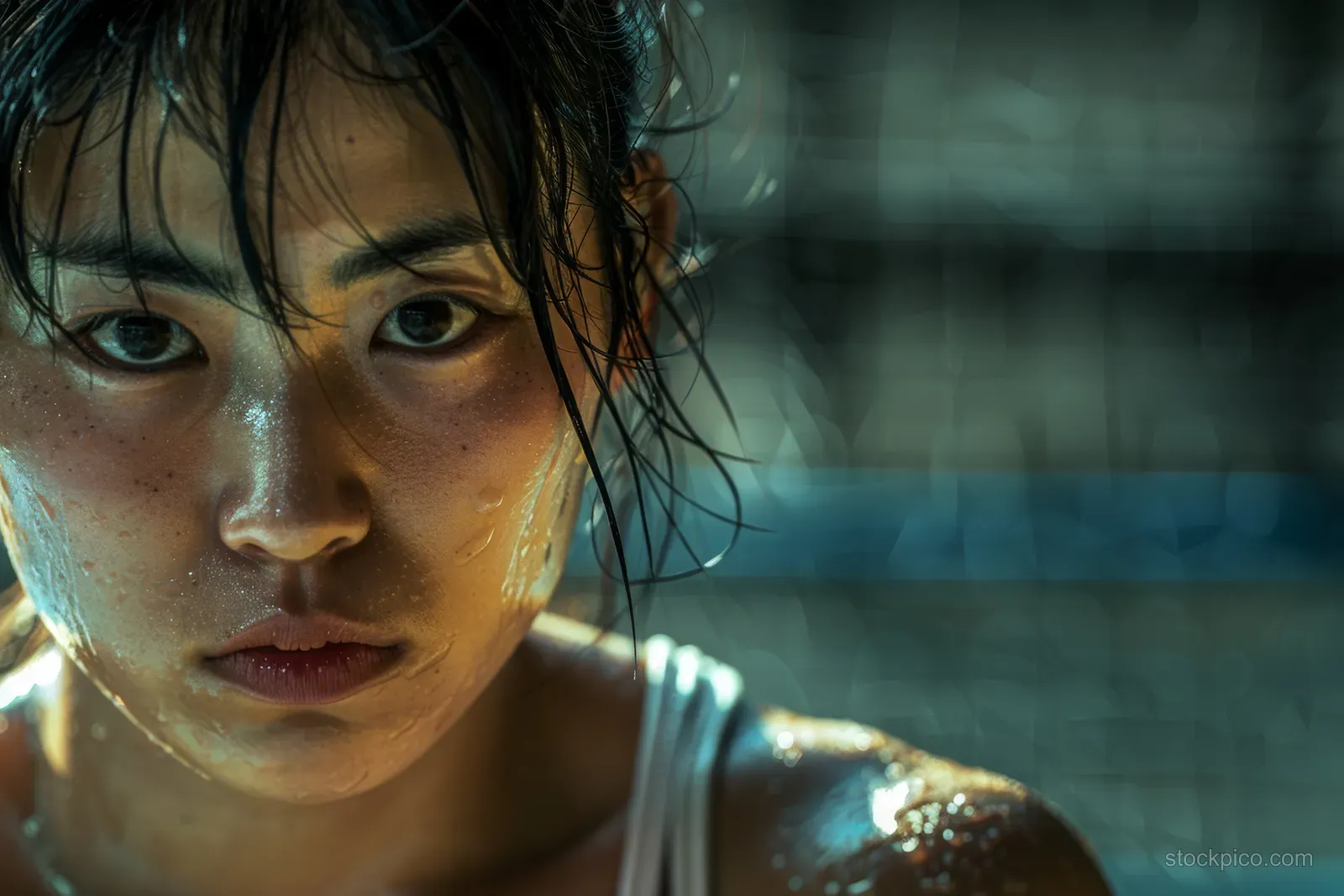 Japanese female wrestler crouches on a wrestling mat with intense eyes and sweat before a competition.