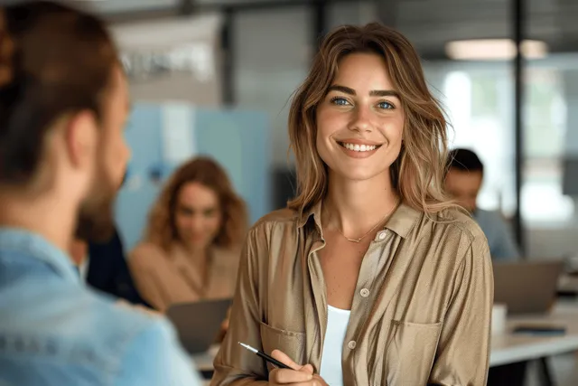 Smiling businesswoman holds a pen while presenting ideas to coworkers at an office meeting.