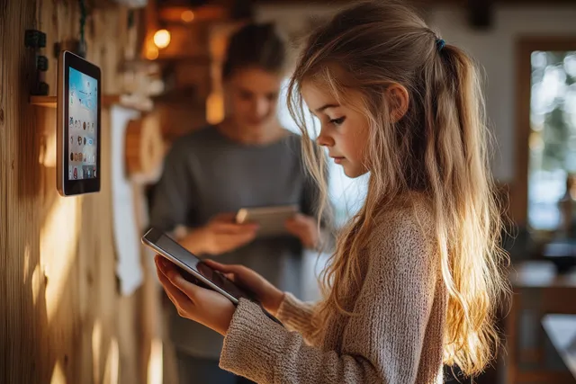 Girl holding a phone and adjusting a smart thermostat app in a warmly lit living room.