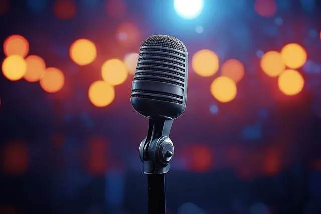 Vintage microphone on stand under colorful concert bokeh lights in soft focus