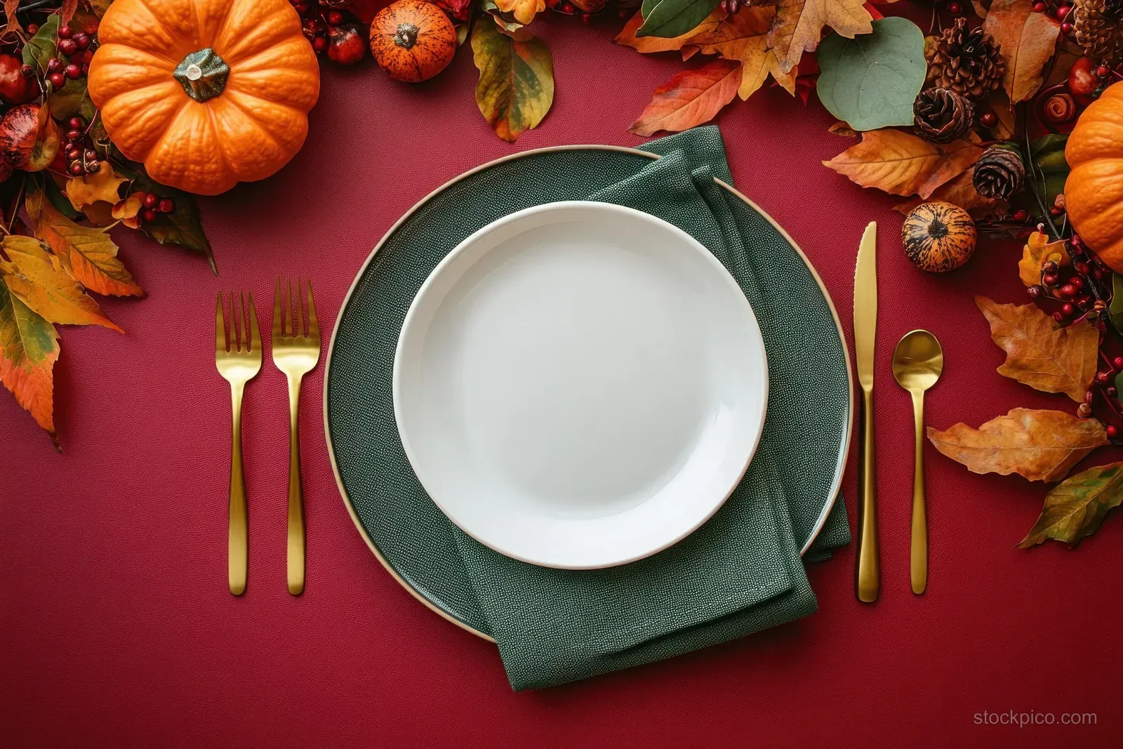 White plate with golden fork and knife sits on a green napkin surrounded by autumn leaves and small pumpkins.