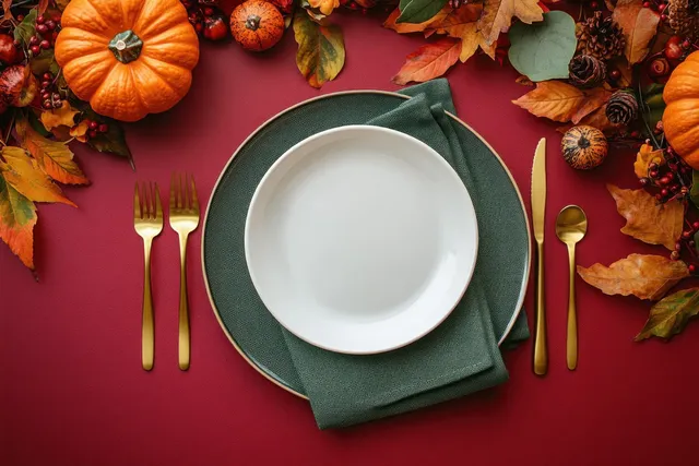 White plate with golden fork and knife sits on a green napkin surrounded by autumn leaves and small pumpkins.