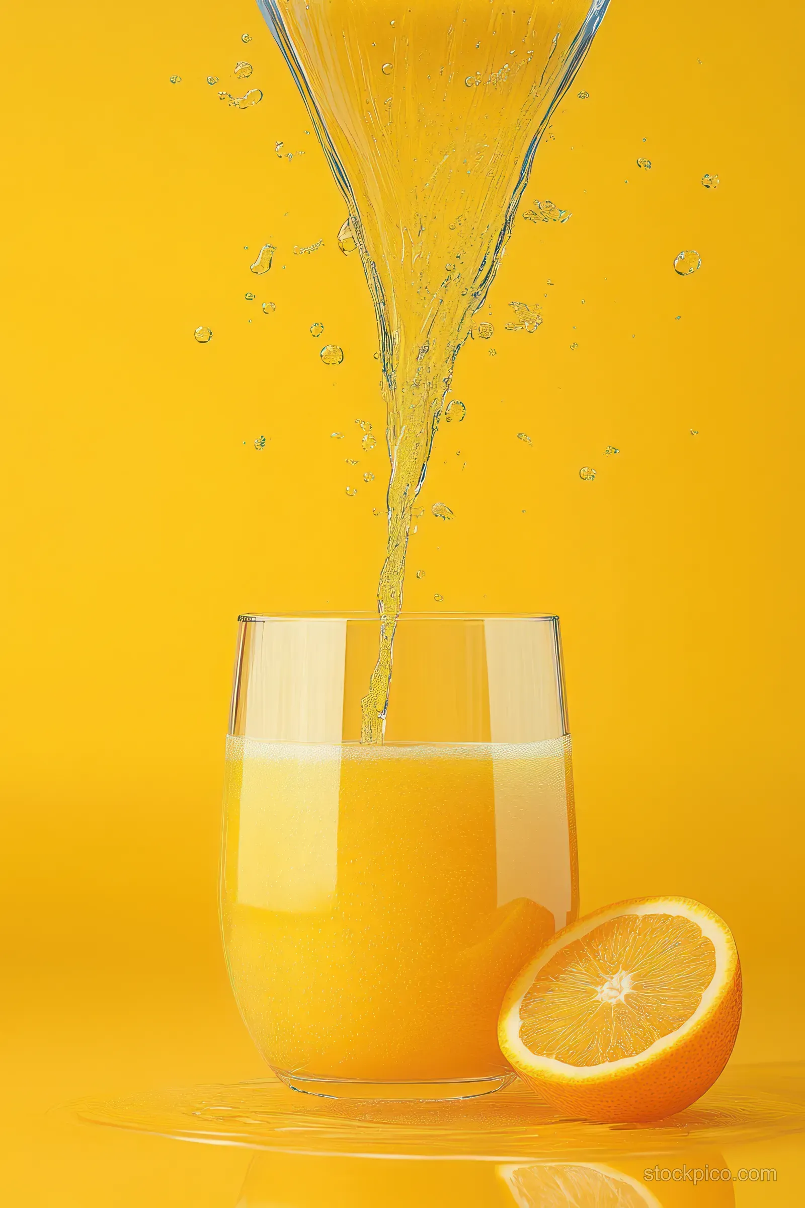 Orange juice pours into clear glasses with visible splashes and floating droplets on a bright yellow background.