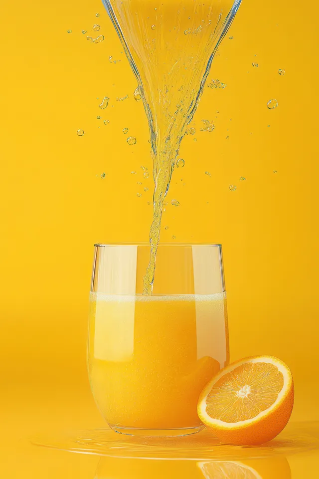 Orange juice pouring into clear glasses with splashes against a bright yellow background