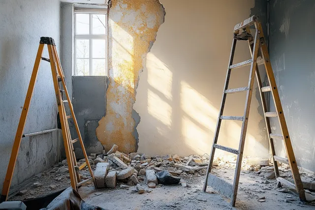 Two ladders stand in a sunlit apartment room beside a scraped plaster wall and scattered renovation debris.