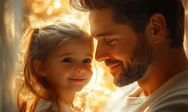Father and daughter share a warm indoor hug, smiling by a sunlit window