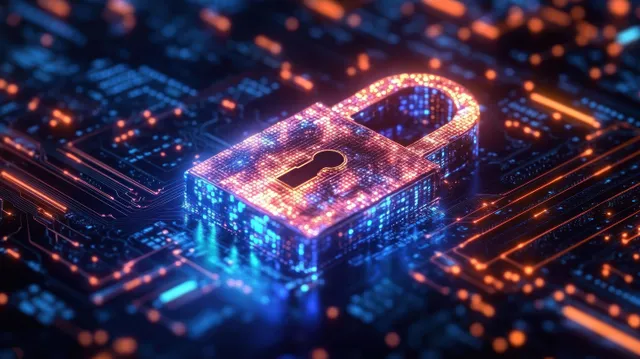 A glowing holographic cybersecurity lock floats above a network of illuminated data nodes.