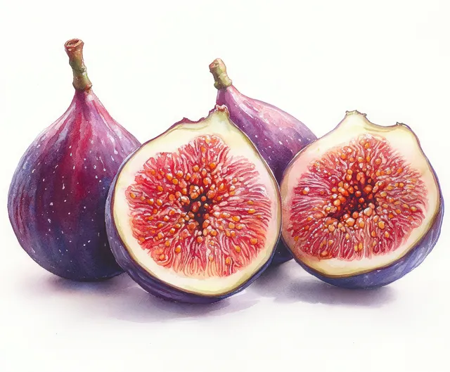 Watercolor ripe figs on white background, half-cut fruit with vivid purple and red interiors